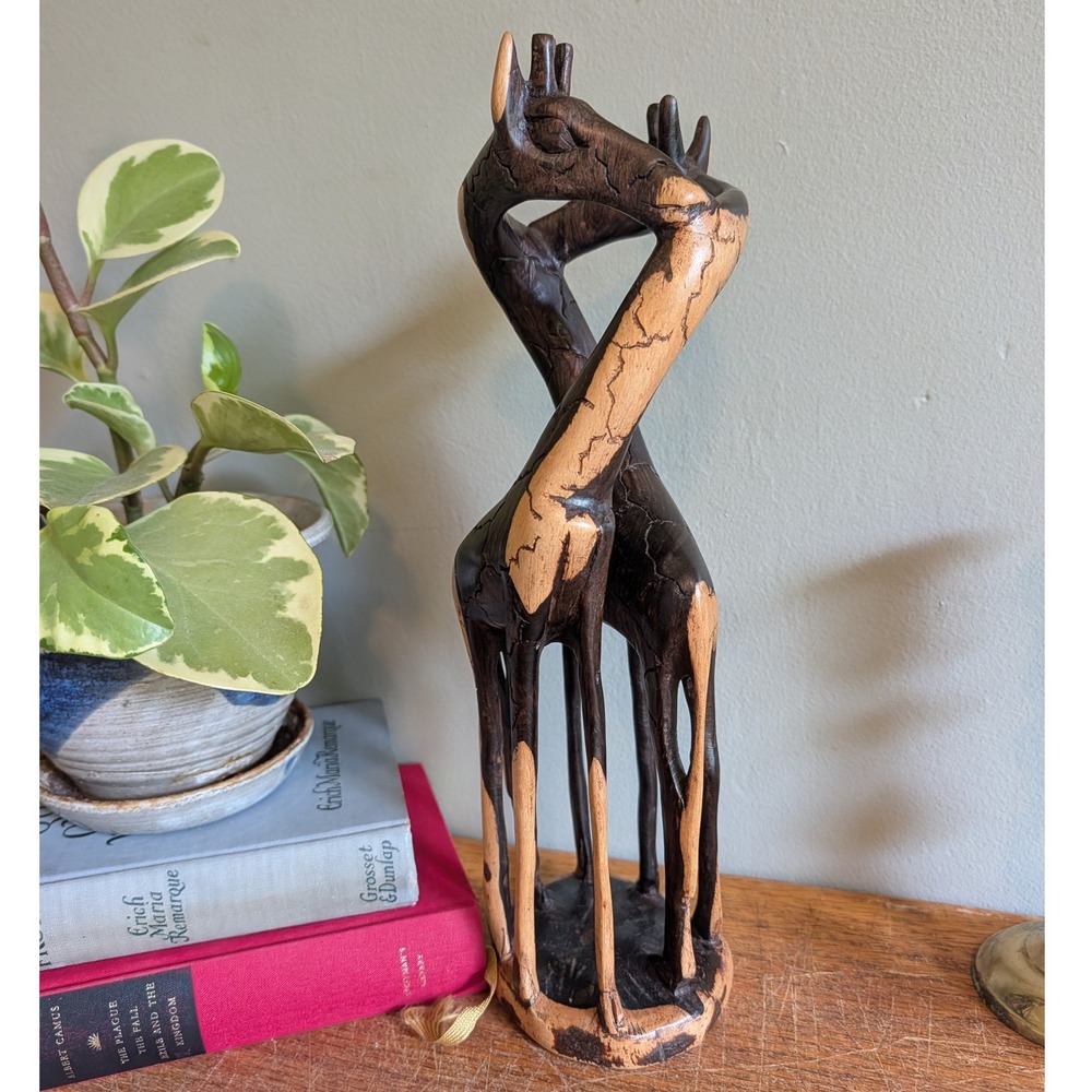 Vintage Hand Carved African Wood Giraffe Sculpture Intertwined Pair 12.5 Inch